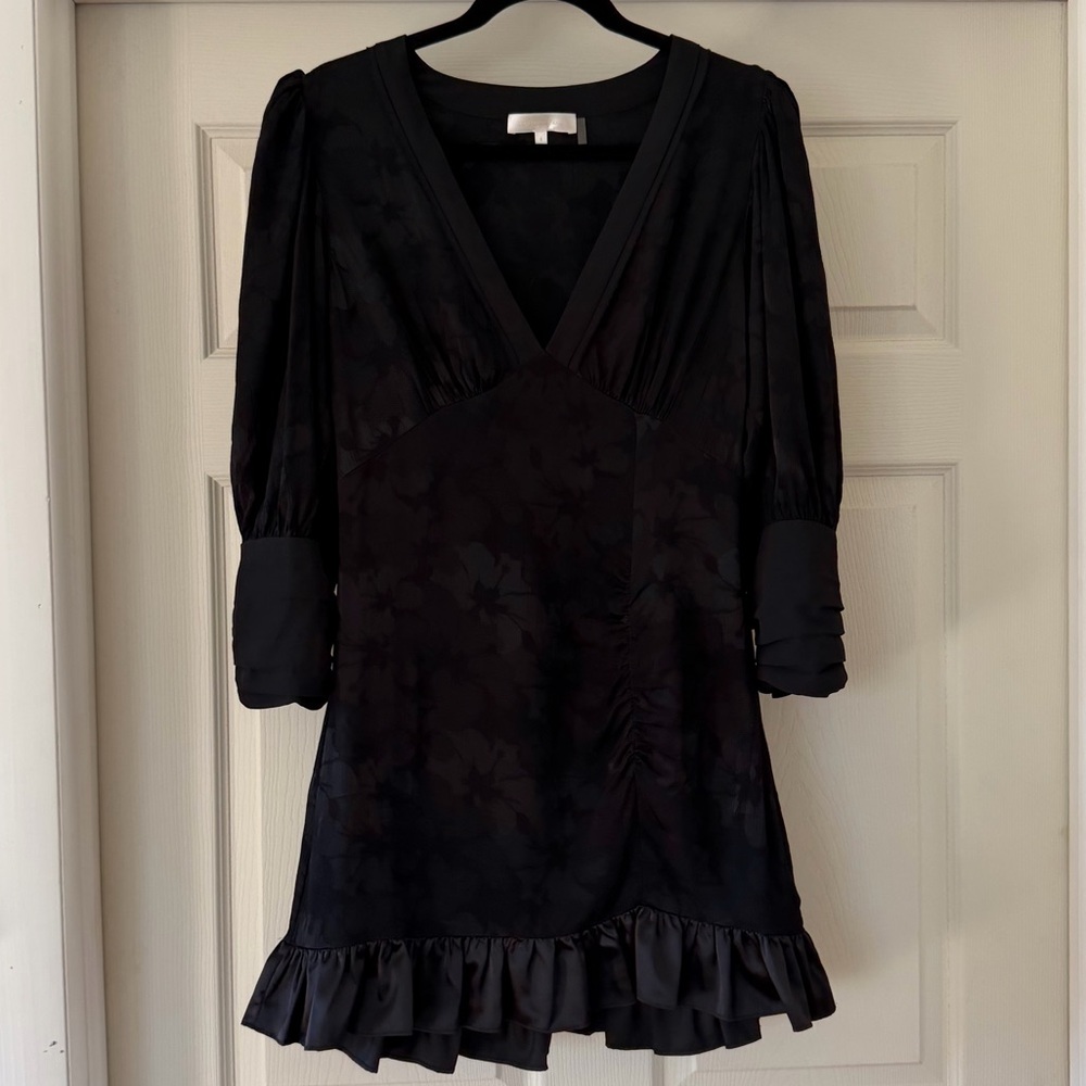 LoveShackFancy Black V-Neck Ruffle Hem Mini Dress